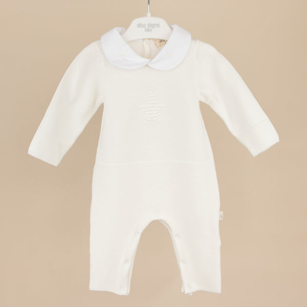 Salopeta tricotata din bumbac pentru bebelusi Star - Ecru