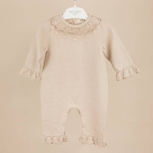 Salopeta tricotata din bumbac cu volanase pentru bebelusi - Sand