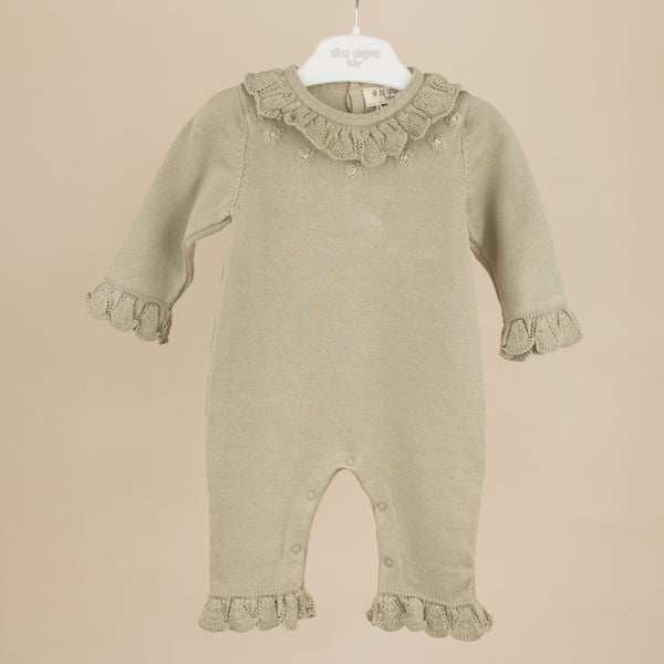 Salopeta tricotata din bumbac cu volanase pentru bebelusi - Sage