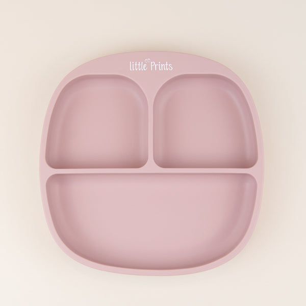 Farfurie divizata diversificare bebelusi din silicon cu ventuza anti-alunecare Little Prints - Pink Plum