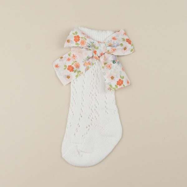 Sosete bebe lungi cu fundita floral bow - White