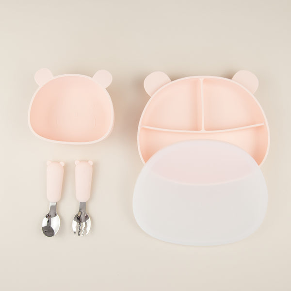 Set diversificare bebelusi din silicon (bol cu ventuza + farfurie cu capac si ventuza anti-alunecare + tacamuri) - Bear Soft Pink