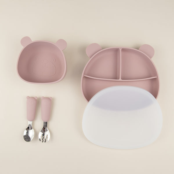 Set diversificare bebelusi din silicon (bol cu ventuza + farfurie cu capac si ventuza anti-alunecare + tacamuri) - Bear Pink Plum