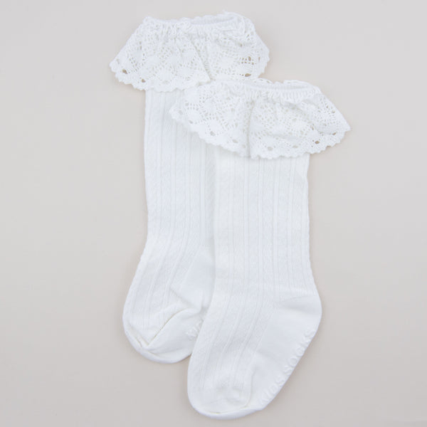 Sosete lungi bebe antiderapante elegante cu dantela Ferdy - White