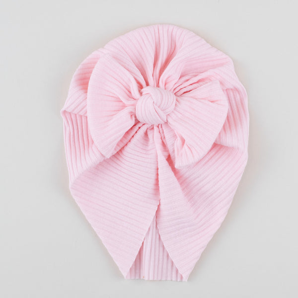 Caciulita turban bebelusi din bumbac cu fundita - Ribbed Pink