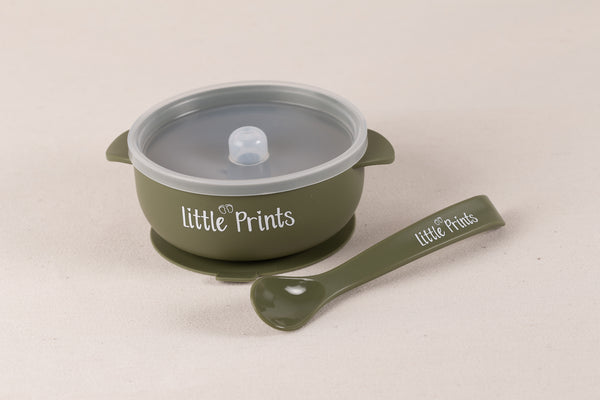 Set diversificare bol cu capac + lingurita silicon cu ventuza anti-alunecare Little Prints - Hunter Green