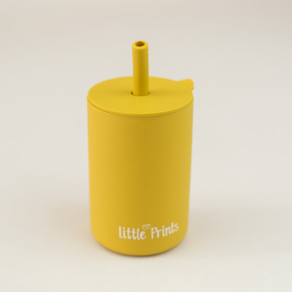 Cana din silicon cu pai antrenament diversificare bebelusi Little Prints - Mustard