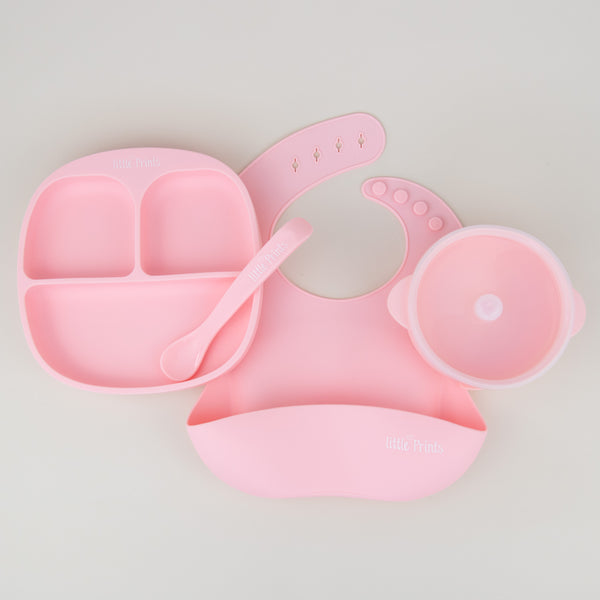 Set diversificare bebelusi din silicon (bol cu capac + farfurie cu ventuza anti-alunecare + lingurita + baveta) - Pink