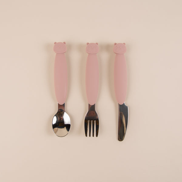 Set tacamuri furculita + lingurita + cutit antrenament bebelusi in diversificare - Bear Pink Plum